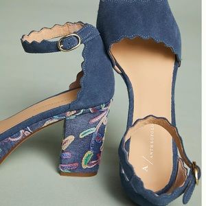 Anthropologie Blue, paisley Scalloped Heels 38EU / 8 US